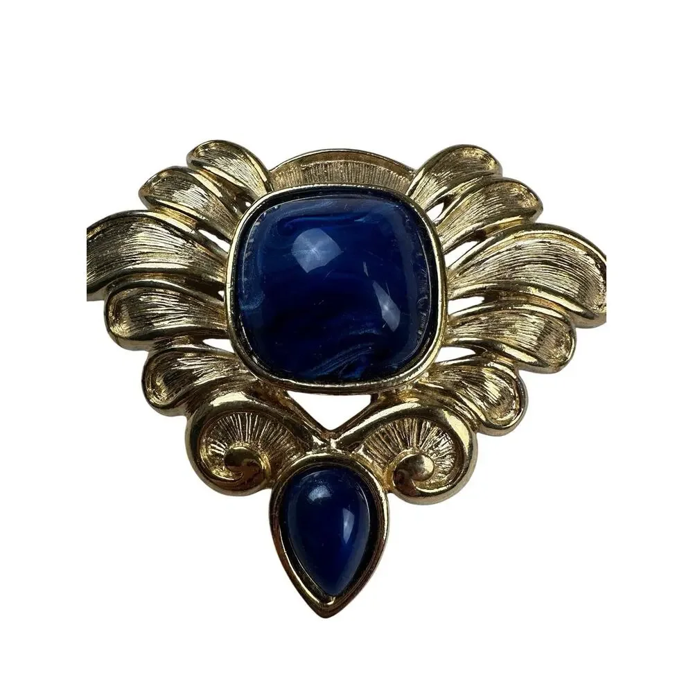Vintage TRIFARI Signed Faux Lapis Lucite Blue Brushed Gold Tone Brooch 1980s